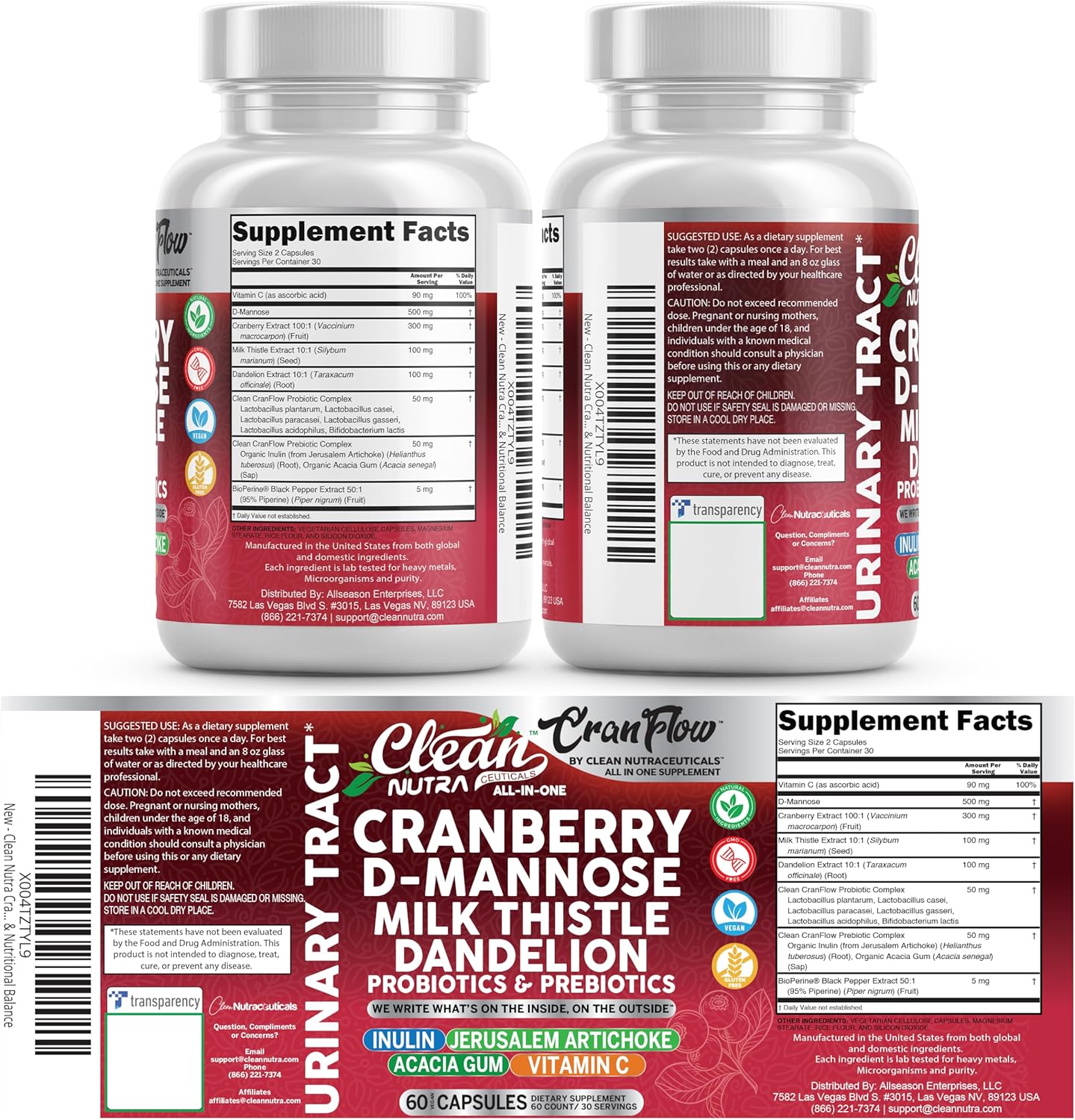Cran Flow Cranberry Pills for Urinary Health D-Mannose Milk Thistle Dandelion Inulin Vitamin C Prebiotics and Probiotics Bladder Support By Clean Nutra