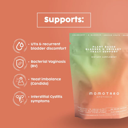 MOMOTARO APOTHECA Urinary Health Supplement, Natural Vaginal & Bladder Health, Urinary Tract Supplements - Cranberry, D Mannose, Vegan - Natural Support for Vaginal Health, pH Balance 60 Capsules