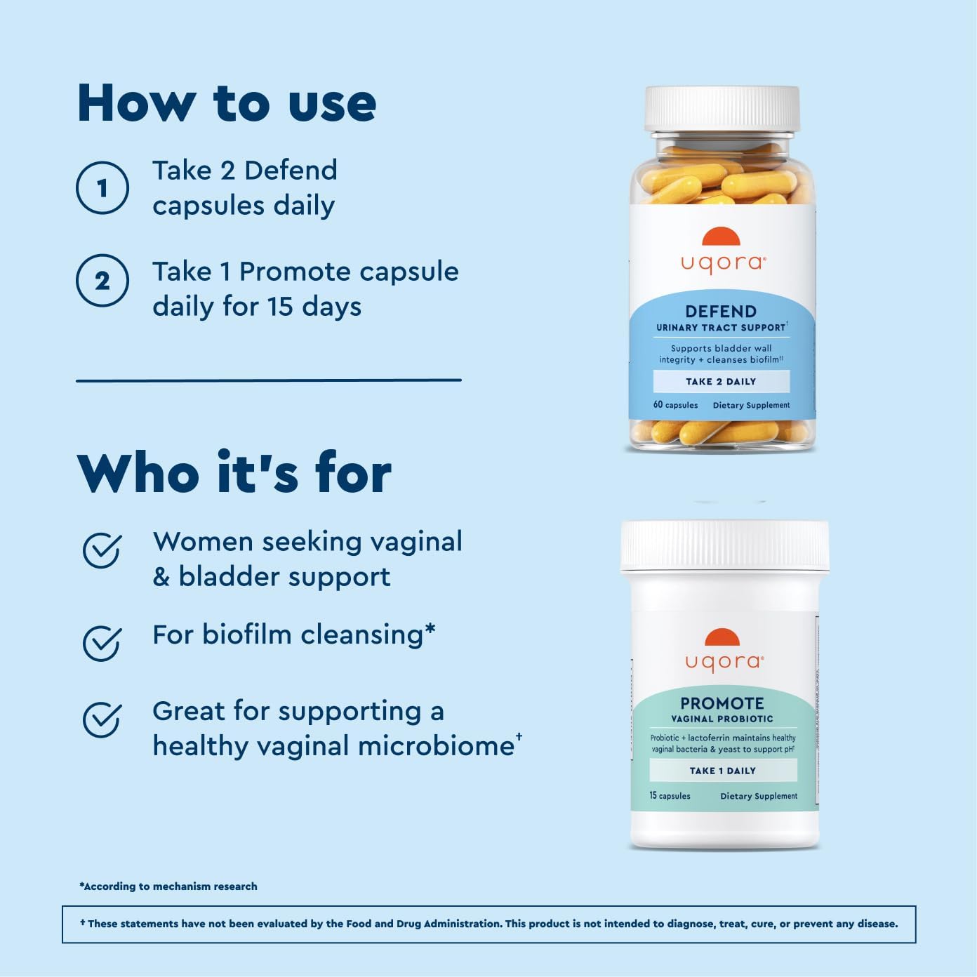 Uqora Defend & Promote - Urinary & Vaginal Health Supplement Bundle for Daily Support - Supports Vaginal Health, Bladder Wall Integrity & Cleanses Biofilm** - Easy to Consume - One-Month Supply