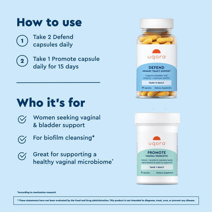 Uqora Defend & Promote - Urinary & Vaginal Health Supplement Bundle for Daily Support - Supports Vaginal Health, Bladder Wall Integrity & Cleanses Biofilm** - Easy to Consume - One-Month Supply