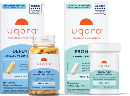 Uqora Defend & Promote - Urinary & Vaginal Health Supplement Bundle for Daily Support - Supports Vaginal Health, Bladder Wall Integrity & Cleanses Biofilm** - Easy to Consume - One-Month Supply