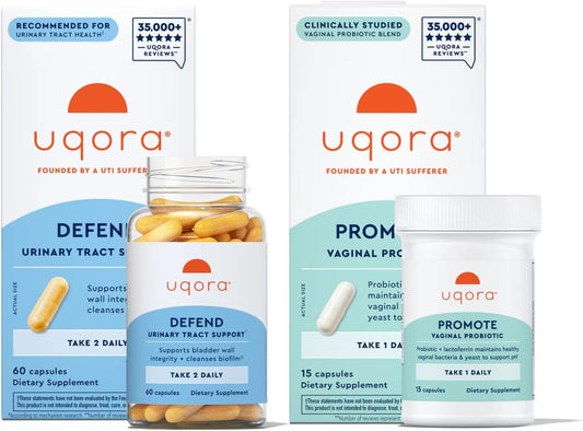 Uqora Defend & Promote - Urinary & Vaginal Health Supplement Bundle for Daily Support - Supports Vaginal Health, Bladder Wall Integrity & Cleanses Biofilm** - Easy to Consume - One-Month Supply