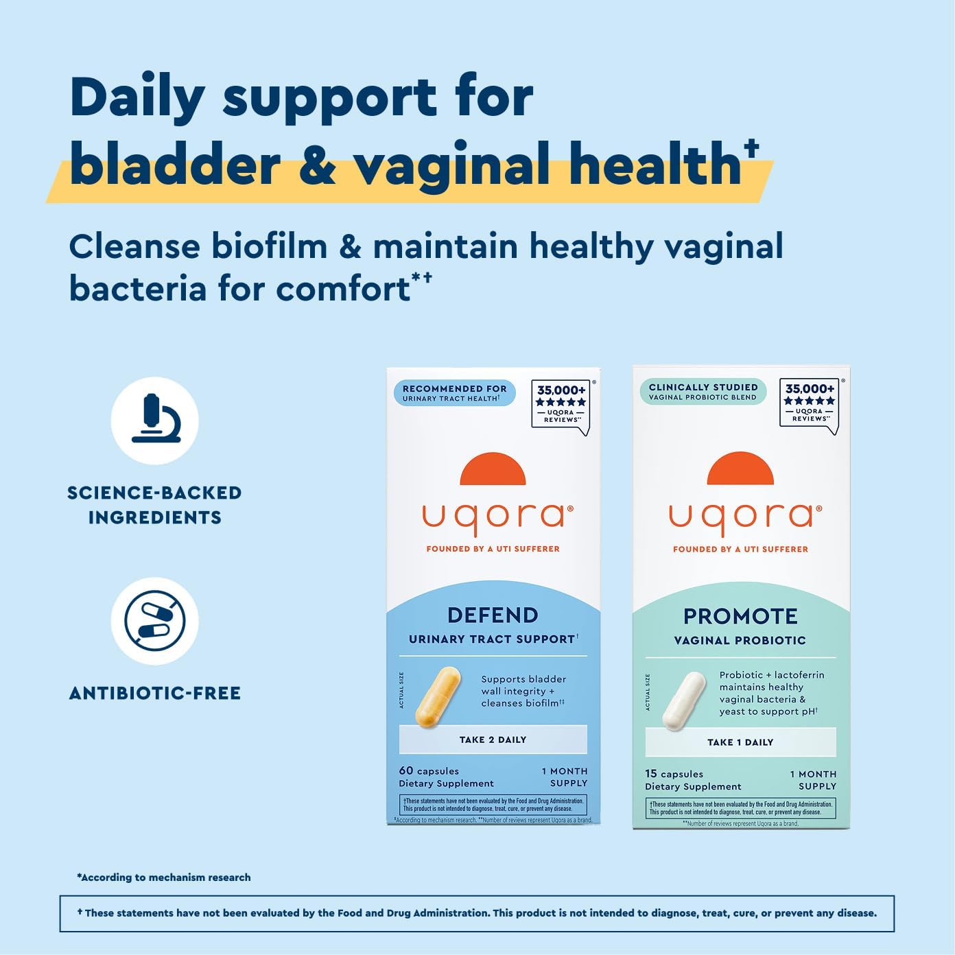 Uqora Defend & Promote - Urinary & Vaginal Health Supplement Bundle for Daily Support - Supports Vaginal Health, Bladder Wall Integrity & Cleanses Biofilm** - Easy to Consume - One-Month Supply