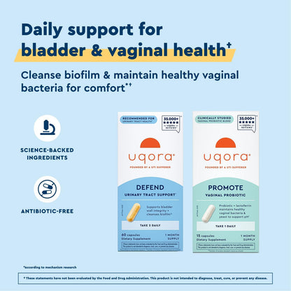 Uqora Defend & Promote - Urinary & Vaginal Health Supplement Bundle for Daily Support - Supports Vaginal Health, Bladder Wall Integrity & Cleanses Biofilm** - Easy to Consume - One-Month Supply