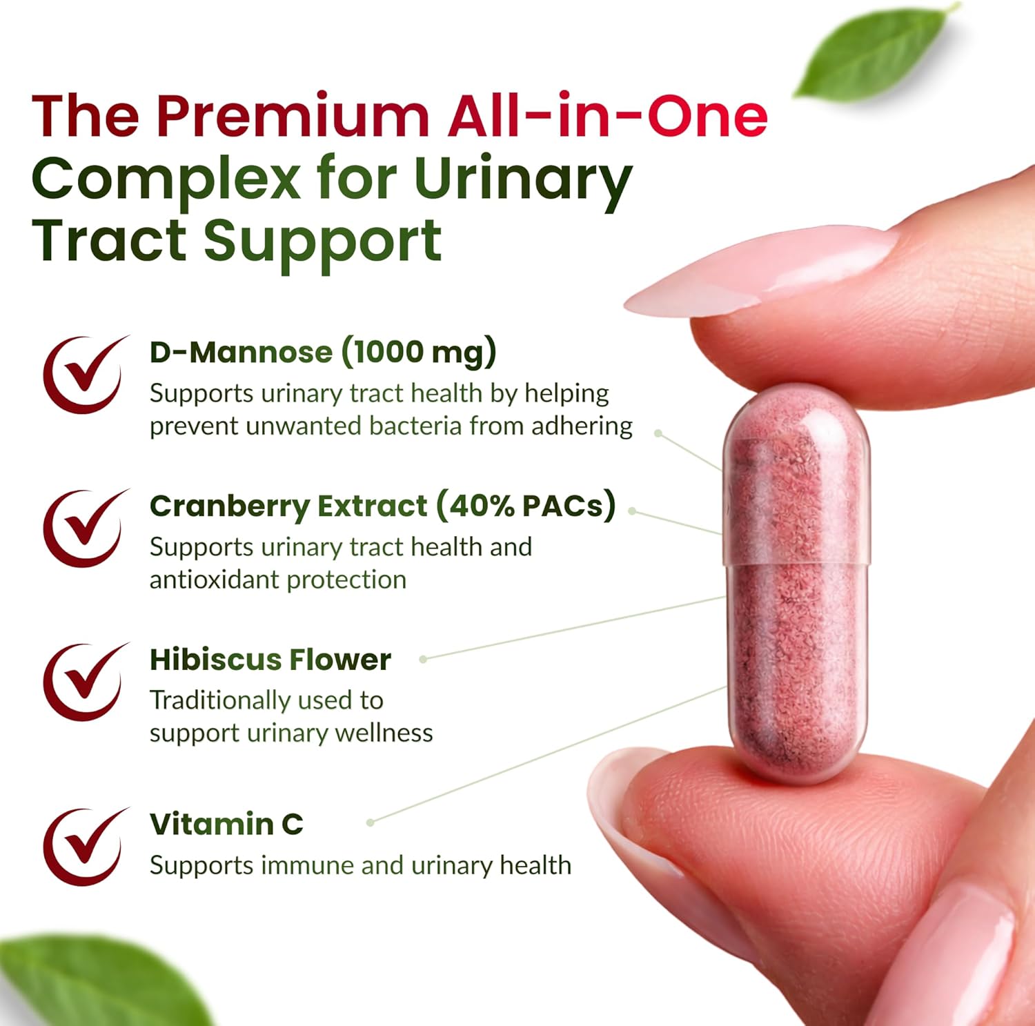 ForestLeaf D Mannose Supplements for Women & Men - D-Mannose 1000mg Capsules with Cranberry, Hibiscus & VIT C - DMannose Pills for UTI, Urinary Tract & Bladder Support - 120 Caps