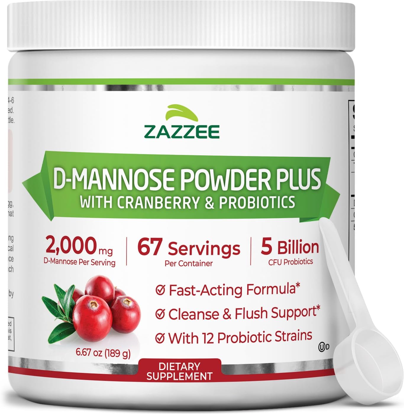 Zazzee D-Mannose Powder Plus, 2000 mg, 67 Servings, Plus 5 Billion CFU Probiotics and Pure Cranberry Juice Extract, Certified Kosher, Free Scoop, 6.67 oz, Urinary Tract Support, Non-GMO, All-Natural