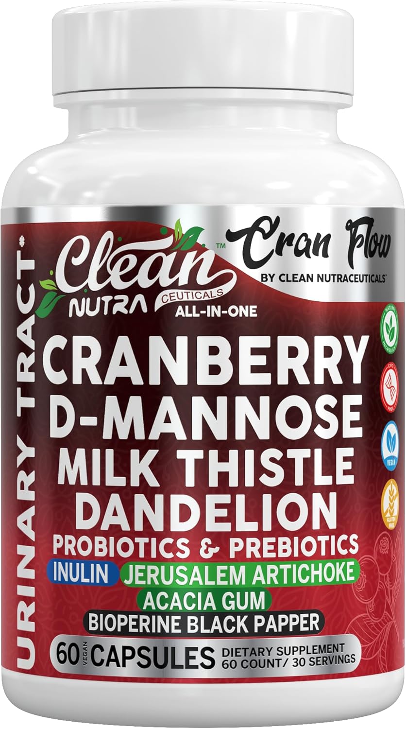 Cran Flow Cranberry Pills for Urinary Health D-Mannose Milk Thistle Dandelion Inulin Vitamin C Prebiotics and Probiotics Bladder Support By Clean Nutra