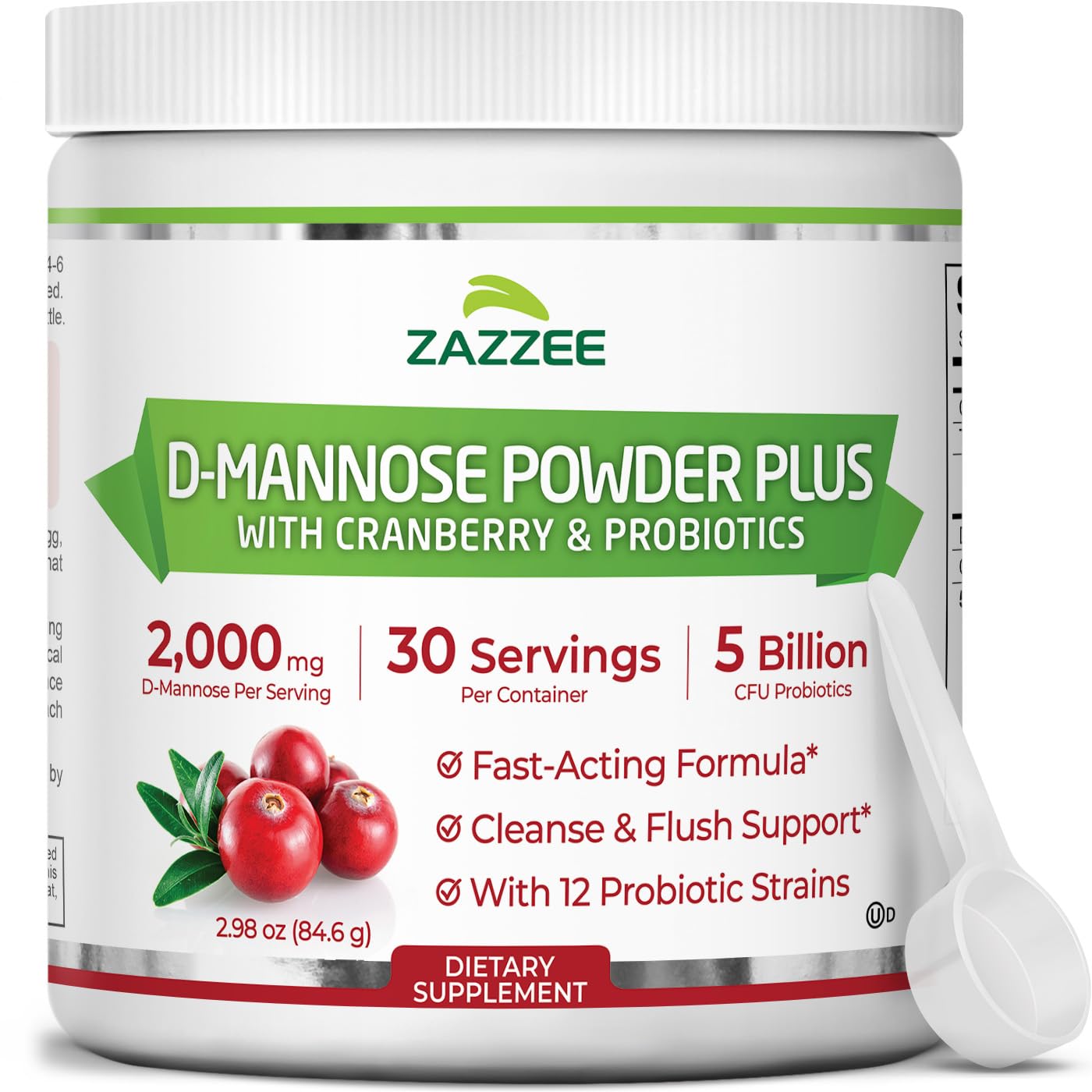 Zazzee D-Mannose Powder Plus, 2000 mg, 67 Servings, Plus 5 Billion CFU Probiotics and Pure Cranberry Juice Extract, Certified Kosher, Free Scoop, 6.67 oz, Urinary Tract Support, Non-GMO, All-Natural