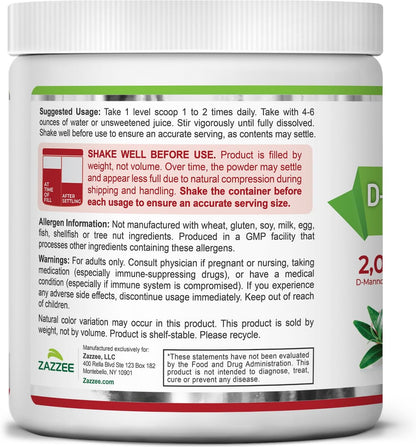 Zazzee D-Mannose Powder Plus, 2000 mg, 67 Servings, Plus 5 Billion CFU Probiotics and Pure Cranberry Juice Extract, Certified Kosher, Free Scoop, 6.67 oz, Urinary Tract Support, Non-GMO, All-Natural