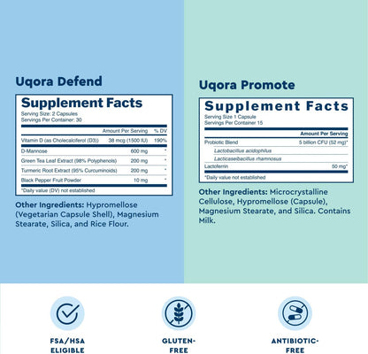 Uqora Defend & Promote - Urinary & Vaginal Health Supplement Bundle for Daily Support - Supports Vaginal Health, Bladder Wall Integrity & Cleanses Biofilm** - Easy to Consume - One-Month Supply
