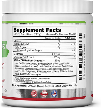 Zazzee D-Mannose Powder Plus, 2000 mg, 67 Servings, Plus 5 Billion CFU Probiotics and Pure Cranberry Juice Extract, Certified Kosher, Free Scoop, 6.67 oz, Urinary Tract Support, Non-GMO, All-Natural