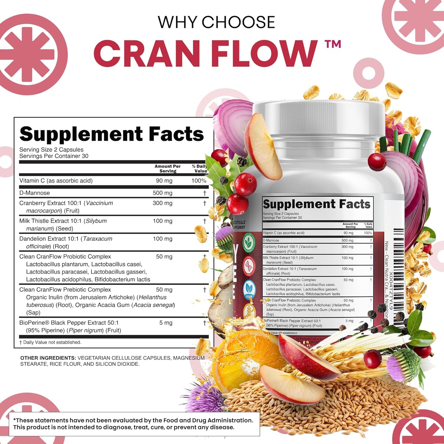 Cran Flow Cranberry Pills for Urinary Health D-Mannose Milk Thistle Dandelion Inulin Vitamin C Prebiotics and Probiotics Bladder Support By Clean Nutra