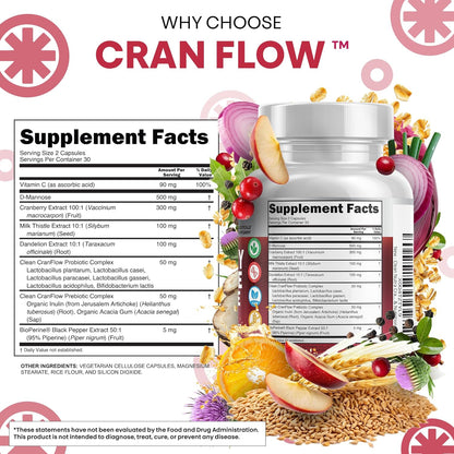 Cran Flow Cranberry Pills for Urinary Health D-Mannose Milk Thistle Dandelion Inulin Vitamin C Prebiotics and Probiotics Bladder Support By Clean Nutra