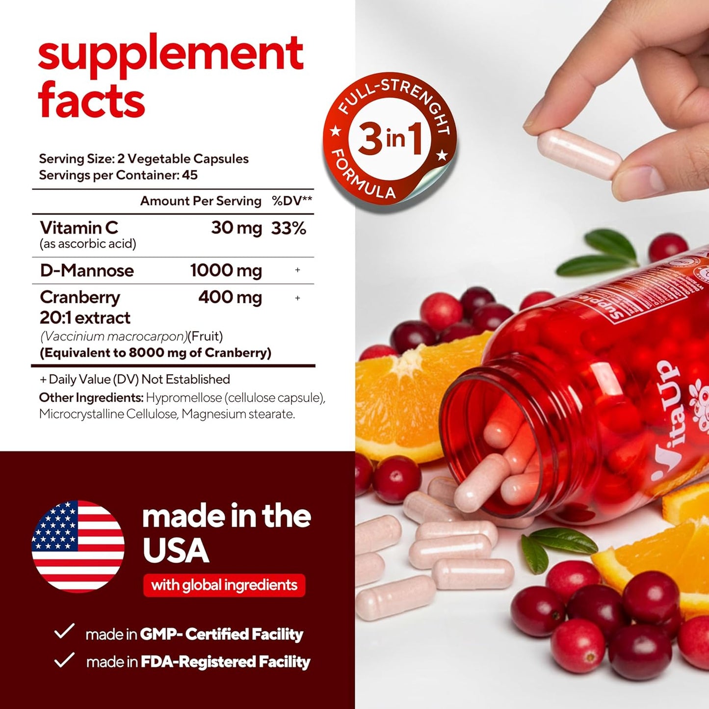 VitaUp D-Mannose Supplements for Women – USA Made D-Mannose with Cranberry & Vitamin C – Cranberry Pills for Women for Urinary Tract & Bladder, Immune Support – 90 Vegan Capsules
