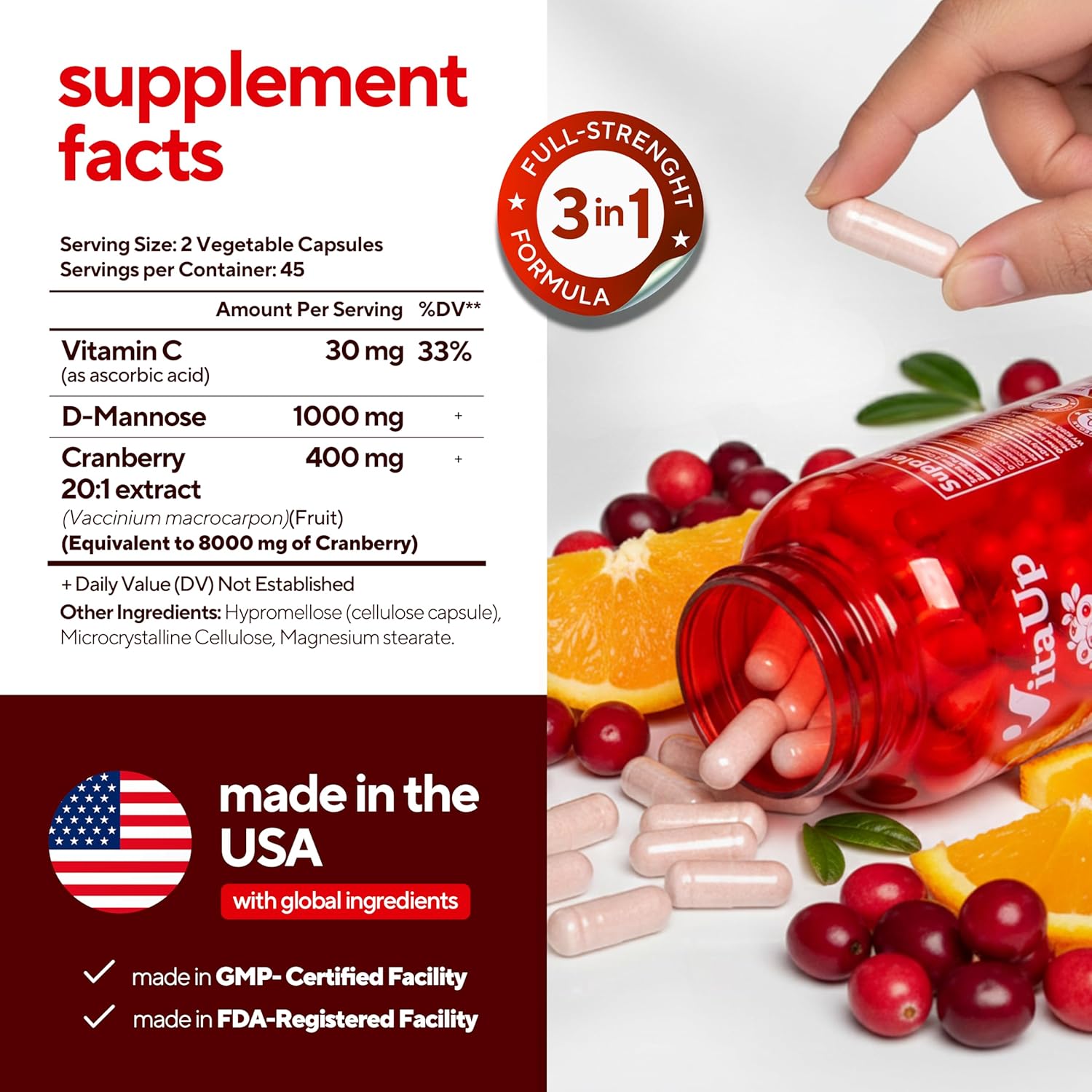 VitaUp D-Mannose Supplements for Women – USA Made D-Mannose with Cranberry & Vitamin C – Cranberry Pills for Women for Urinary Tract & Bladder, Immune Support – 90 Vegan Capsules