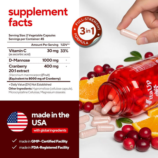 VitaUp D-Mannose Supplements for Women – USA Made D-Mannose with Cranberry & Vitamin C – Cranberry Pills for Women for Urinary Tract & Bladder, Immune Support – 90 Vegan Capsules