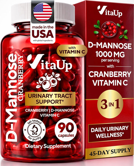 VitaUp D-Mannose Supplements for Women – USA Made D-Mannose with Cranberry & Vitamin C – Cranberry Pills for Women for Urinary Tract & Bladder, Immune Support – 90 Vegan Capsules