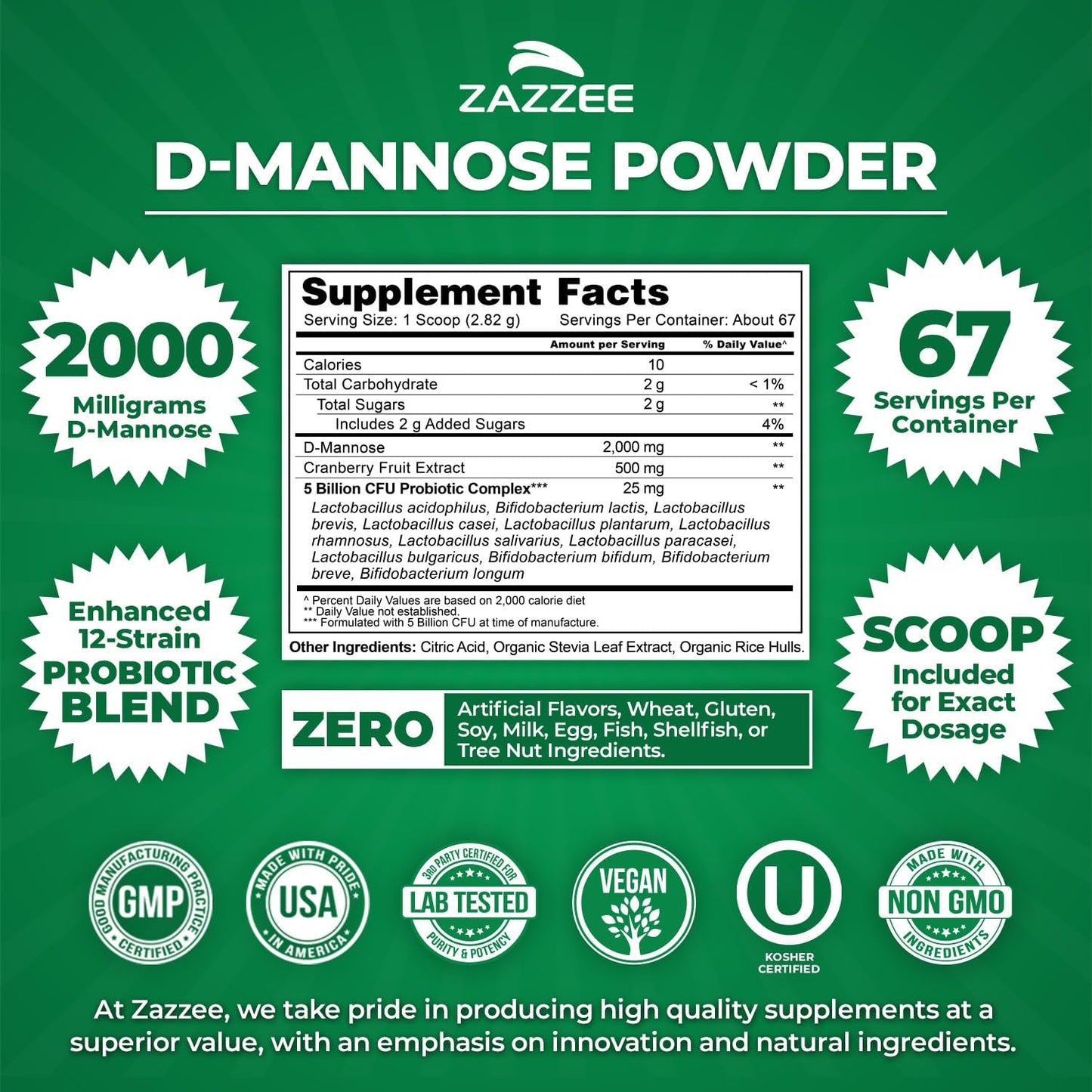 Zazzee D-Mannose Powder Plus, 2000 mg, 67 Servings, Plus 5 Billion CFU Probiotics and Pure Cranberry Juice Extract, Certified Kosher, Free Scoop, 6.67 oz, Urinary Tract Support, Non-GMO, All-Natural