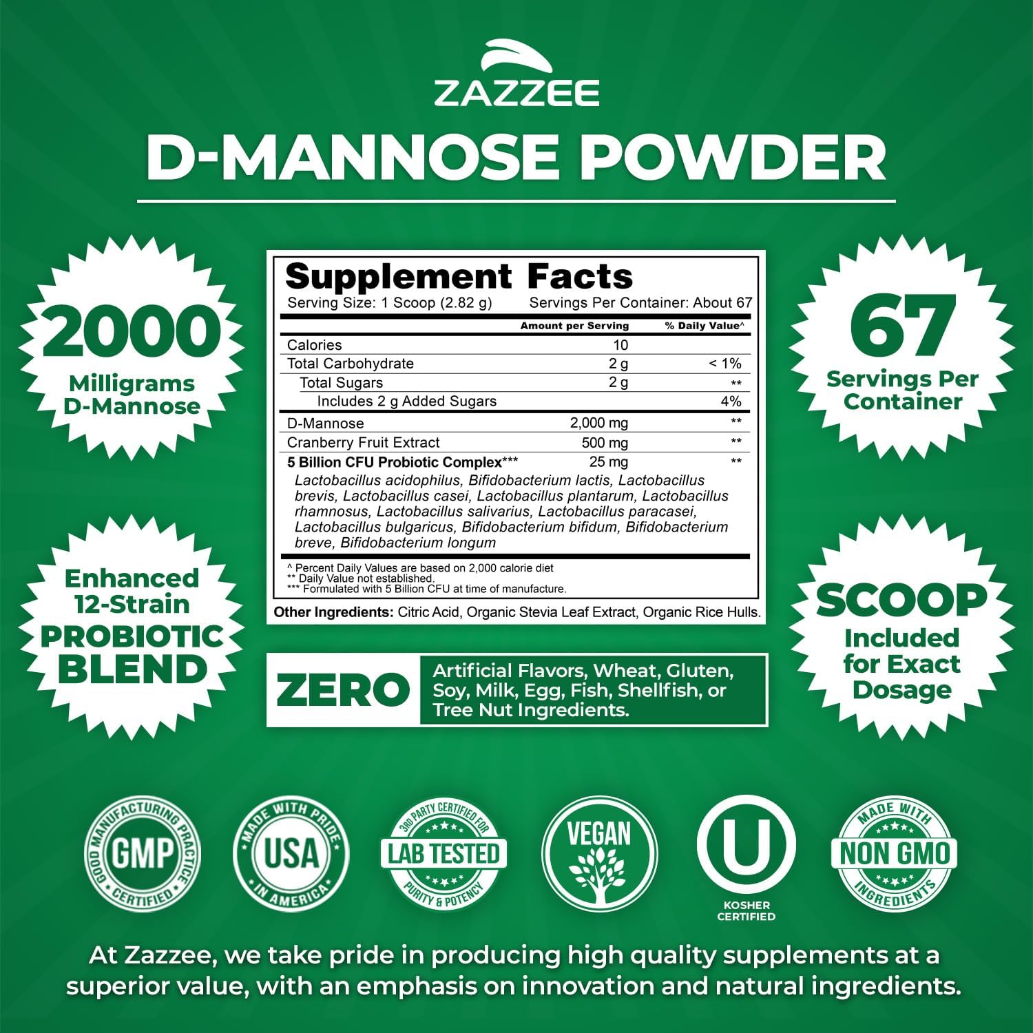 Zazzee D-Mannose Powder Plus, 2000 mg, 67 Servings, Plus 5 Billion CFU Probiotics and Pure Cranberry Juice Extract, Certified Kosher, Free Scoop, 6.67 oz, Urinary Tract Support, Non-GMO, All-Natural
