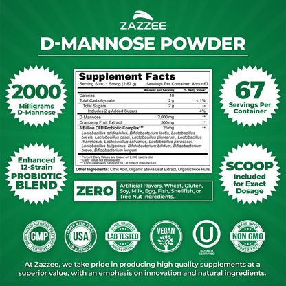 Zazzee D-Mannose Powder Plus, 2000 mg, 67 Servings, Plus 5 Billion CFU Probiotics and Pure Cranberry Juice Extract, Certified Kosher, Free Scoop, 6.67 oz, Urinary Tract Support, Non-GMO, All-Natural