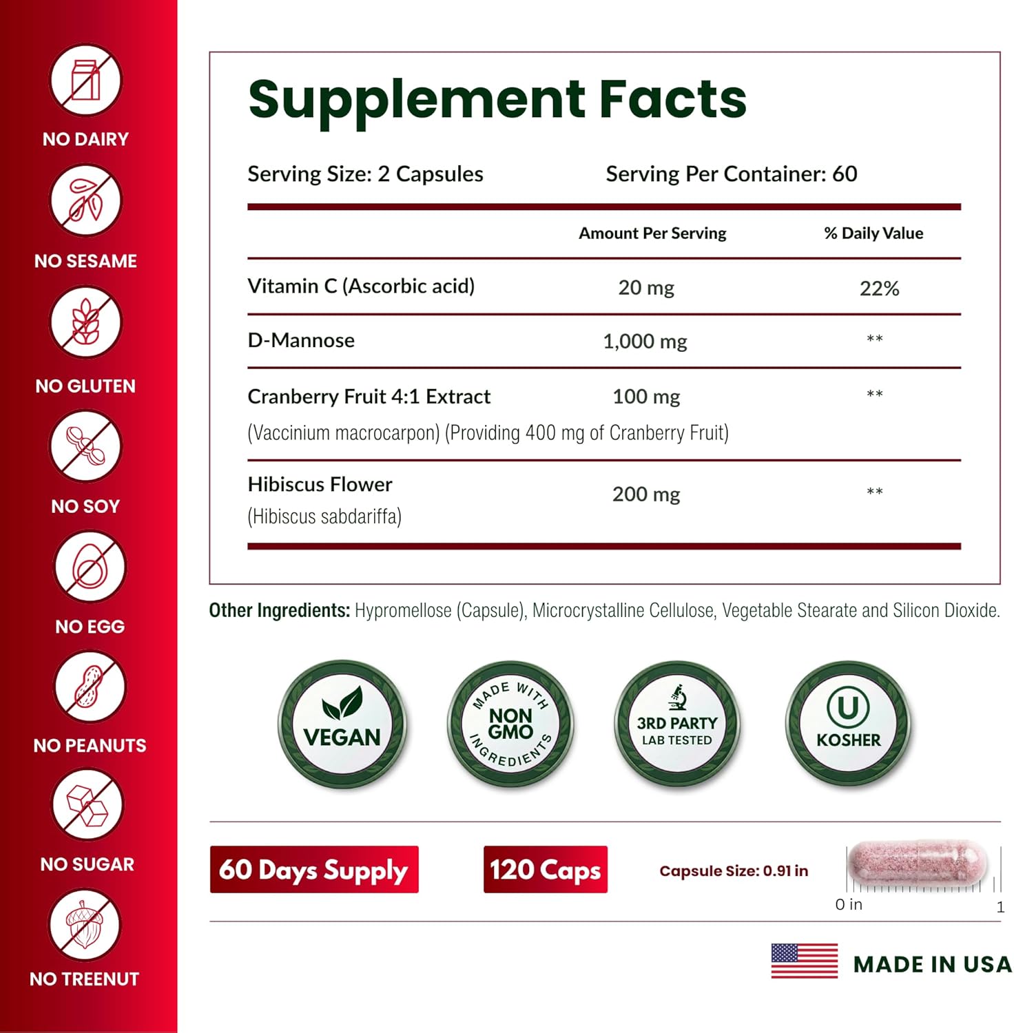 ForestLeaf D Mannose Supplements for Women & Men - D-Mannose 1000mg Capsules with Cranberry, Hibiscus & VIT C - DMannose Pills for UTI, Urinary Tract & Bladder Support - 120 Caps