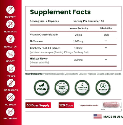 ForestLeaf D Mannose Supplements for Women & Men - D-Mannose 1000mg Capsules with Cranberry, Hibiscus & VIT C - DMannose Pills for UTI, Urinary Tract & Bladder Support - 120 Caps