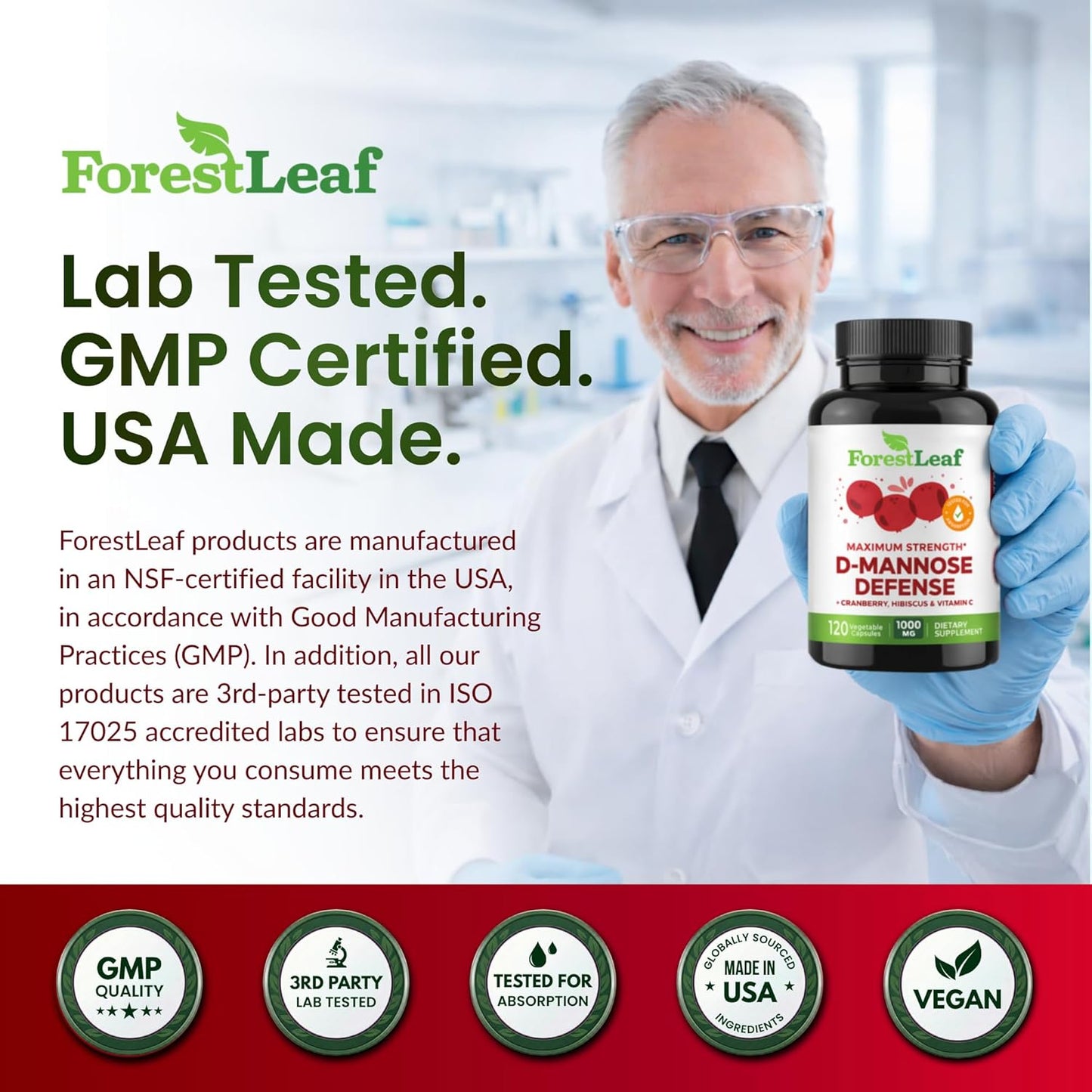 ForestLeaf D Mannose Supplements for Women & Men - D-Mannose 1000mg Capsules with Cranberry, Hibiscus & VIT C - DMannose Pills for UTI, Urinary Tract & Bladder Support - 120 Caps