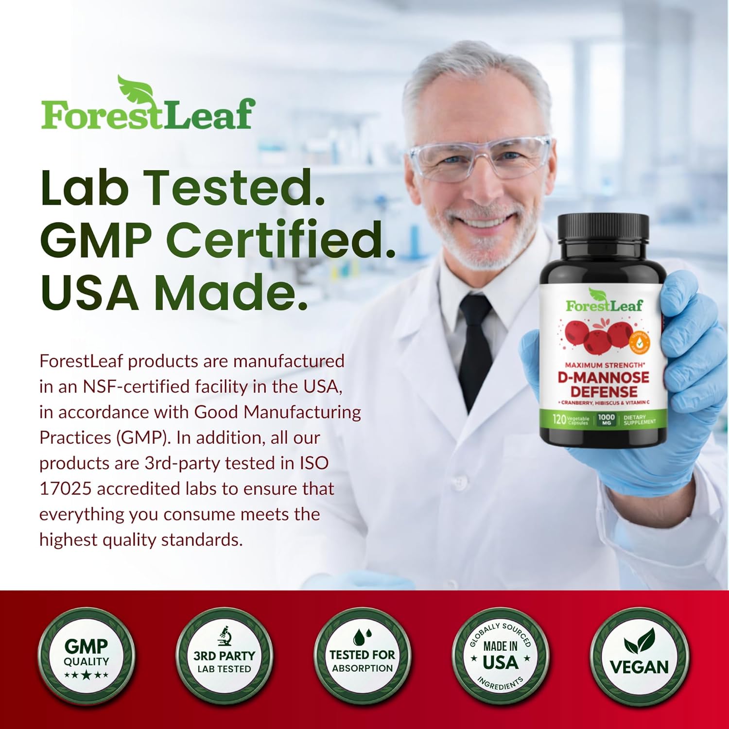 ForestLeaf D Mannose Supplements for Women & Men - D-Mannose 1000mg Capsules with Cranberry, Hibiscus & VIT C - DMannose Pills for UTI, Urinary Tract & Bladder Support - 120 Caps