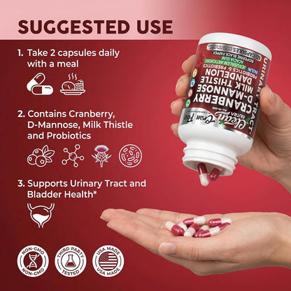 Cran Flow Cranberry Pills for Urinary Health D-Mannose Milk Thistle Dandelion Inulin Vitamin C Prebiotics and Probiotics Bladder Support By Clean Nutra