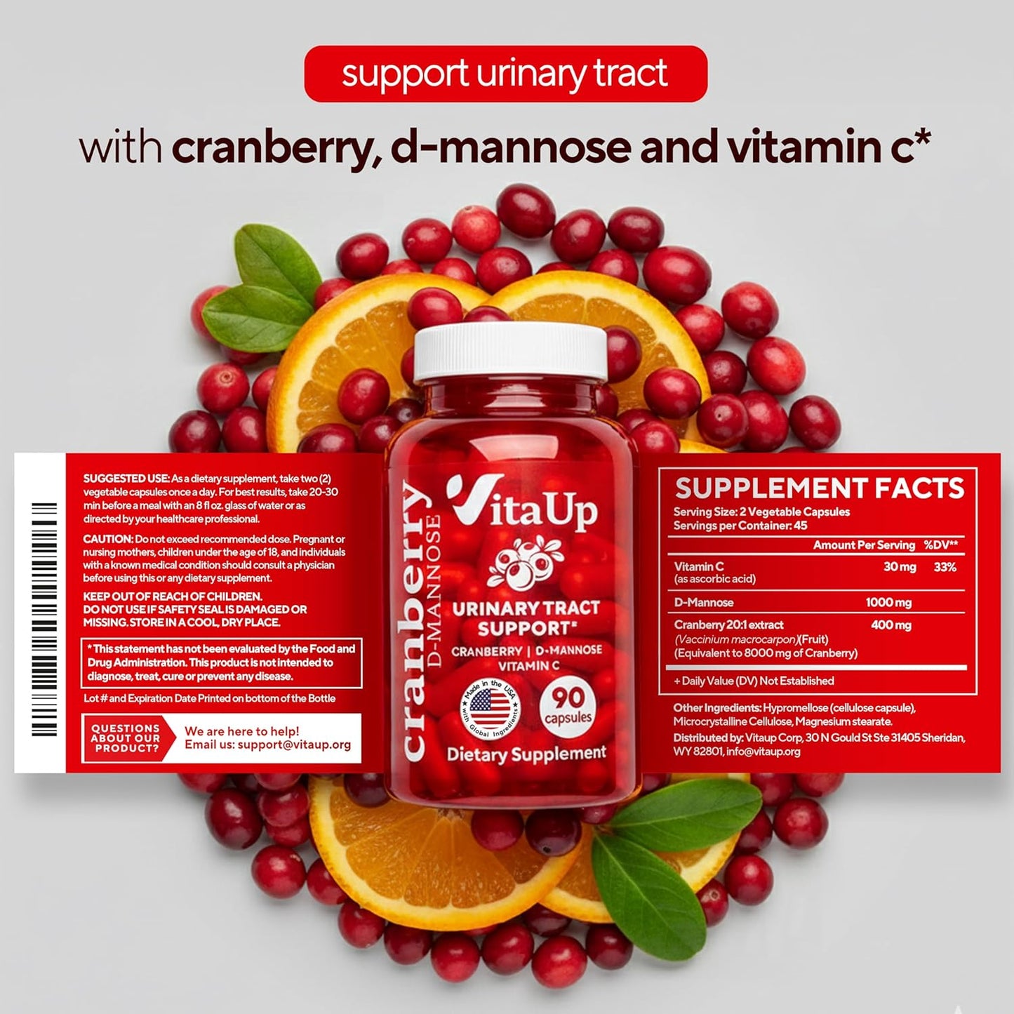 VitaUp D-Mannose Supplements for Women – USA Made D-Mannose with Cranberry & Vitamin C – Cranberry Pills for Women for Urinary Tract & Bladder, Immune Support – 90 Vegan Capsules