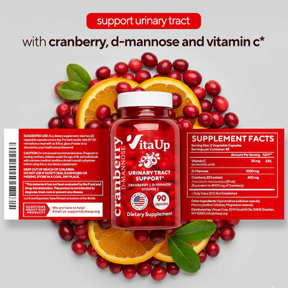 VitaUp D-Mannose Supplements for Women – USA Made D-Mannose with Cranberry & Vitamin C – Cranberry Pills for Women for Urinary Tract & Bladder, Immune Support – 90 Vegan Capsules