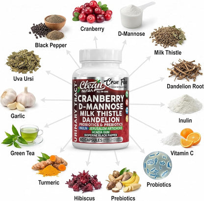 Cran Flow Cranberry Pills for Urinary Health D-Mannose Milk Thistle Dandelion Inulin Vitamin C Prebiotics and Probiotics Bladder Support By Clean Nutra