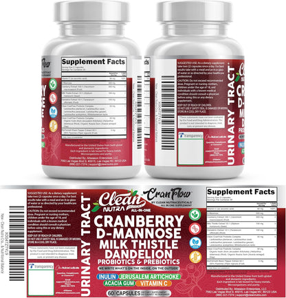 Cran Flow Cranberry Pills for Urinary Health D-Mannose Milk Thistle Dandelion Inulin Vitamin C Prebiotics and Probiotics Bladder Support By Clean Nutra